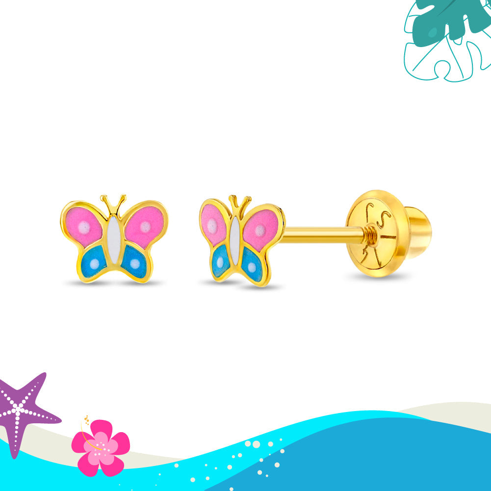 14k Gold Colorful Butterfly Baby / Kids Earrings Safety Screw Back Enamel