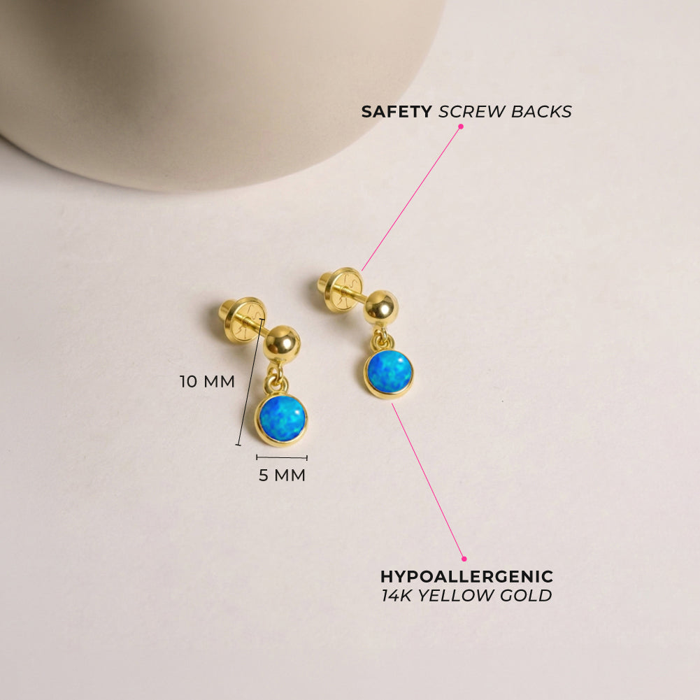 14k Gold Opal Dangle Kids / Children's / Girls Earrings Safety Screw Back