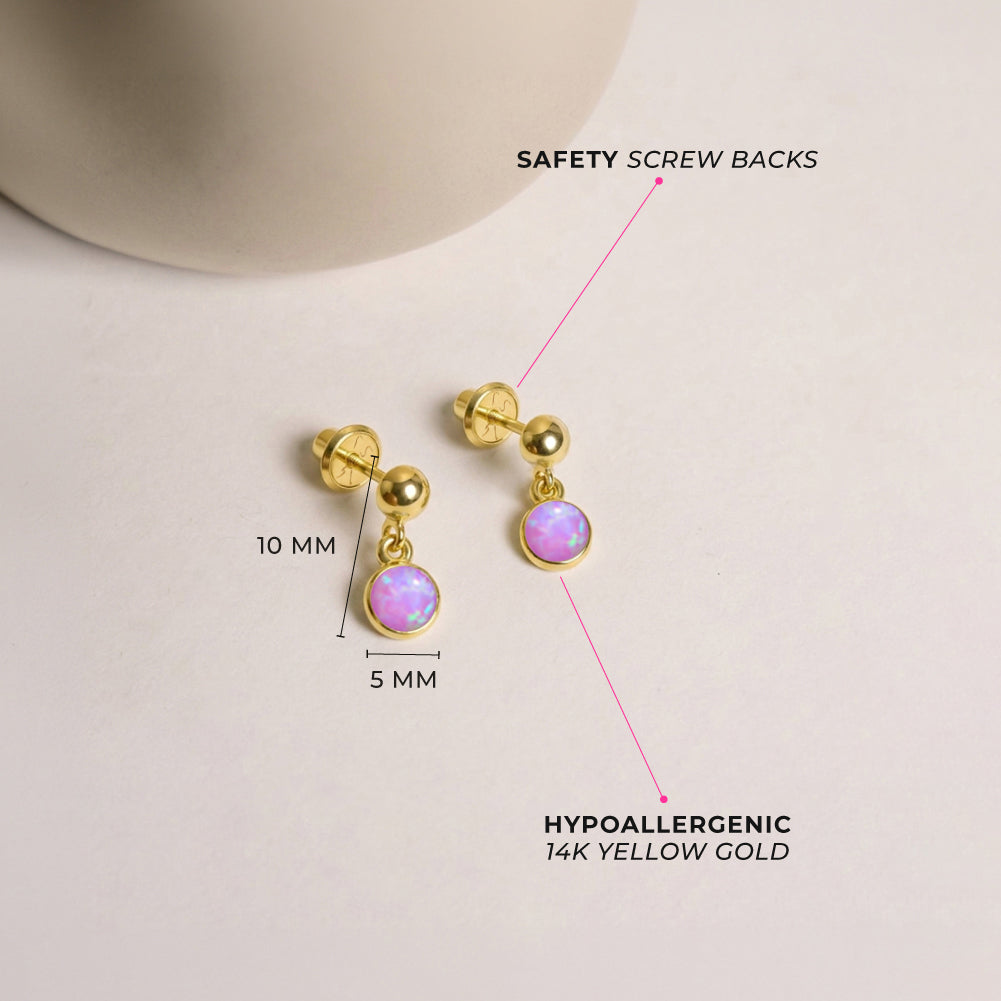 14k Gold Opal Dangle Kids / Children's / Girls Earrings Safety Screw Back