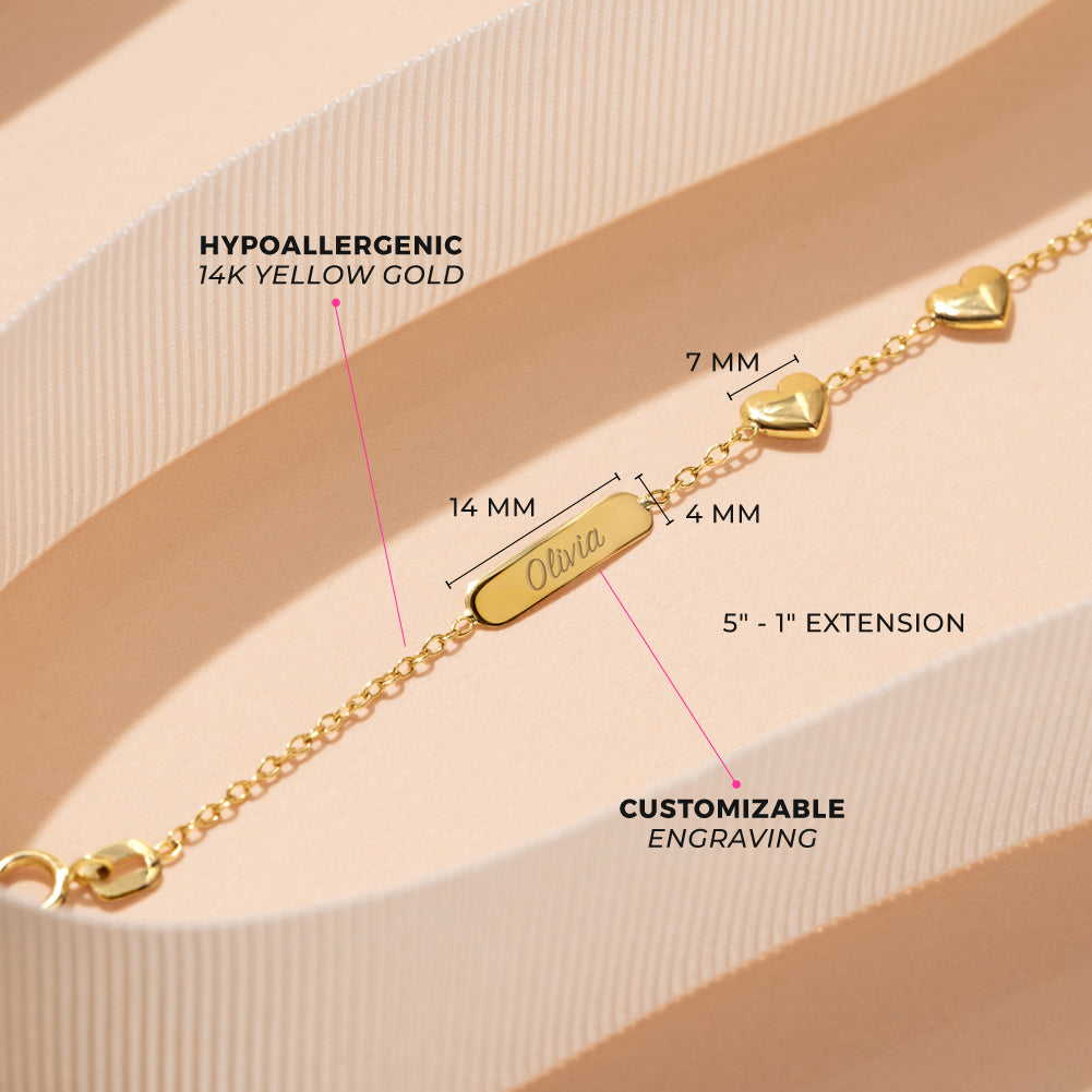 14k Gold 5"- 6" Engravable Puffed Heart Baby / Toddler / Kids Bracelet
