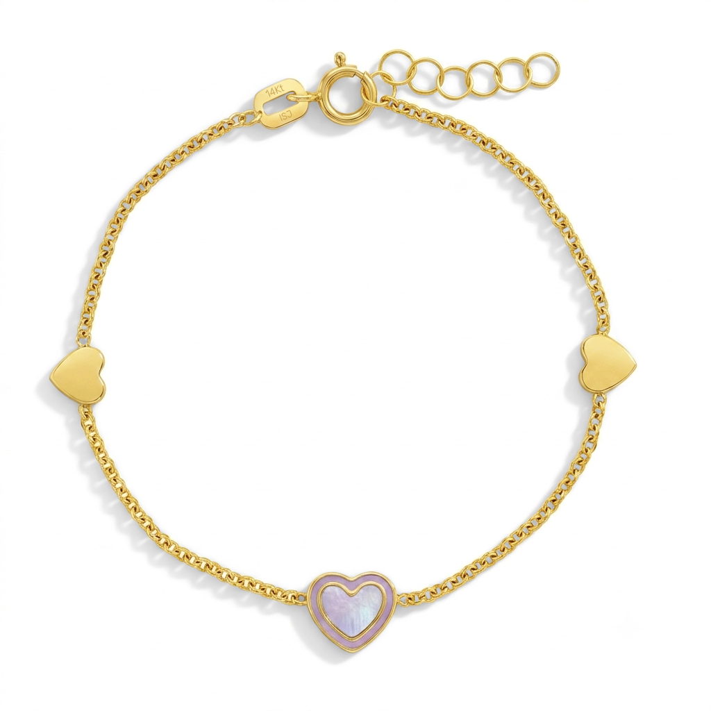 14k Gold 5"- 6" Mother of Pearl Heart Baby / Toddler / Kids Bracelet Enamel
