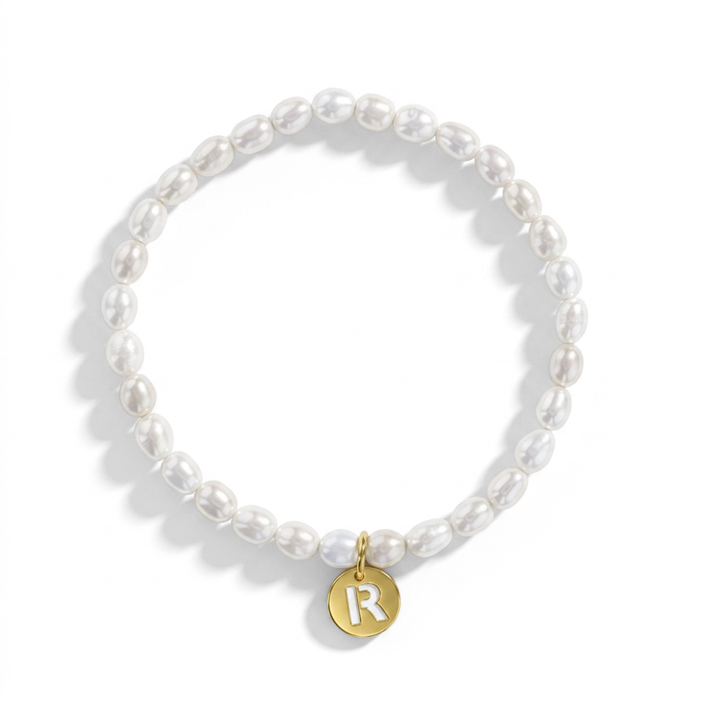 5"-7" Initial Medal Elongated Freshwater Cultured Pearl Baby / Kids / Teen Bracelet