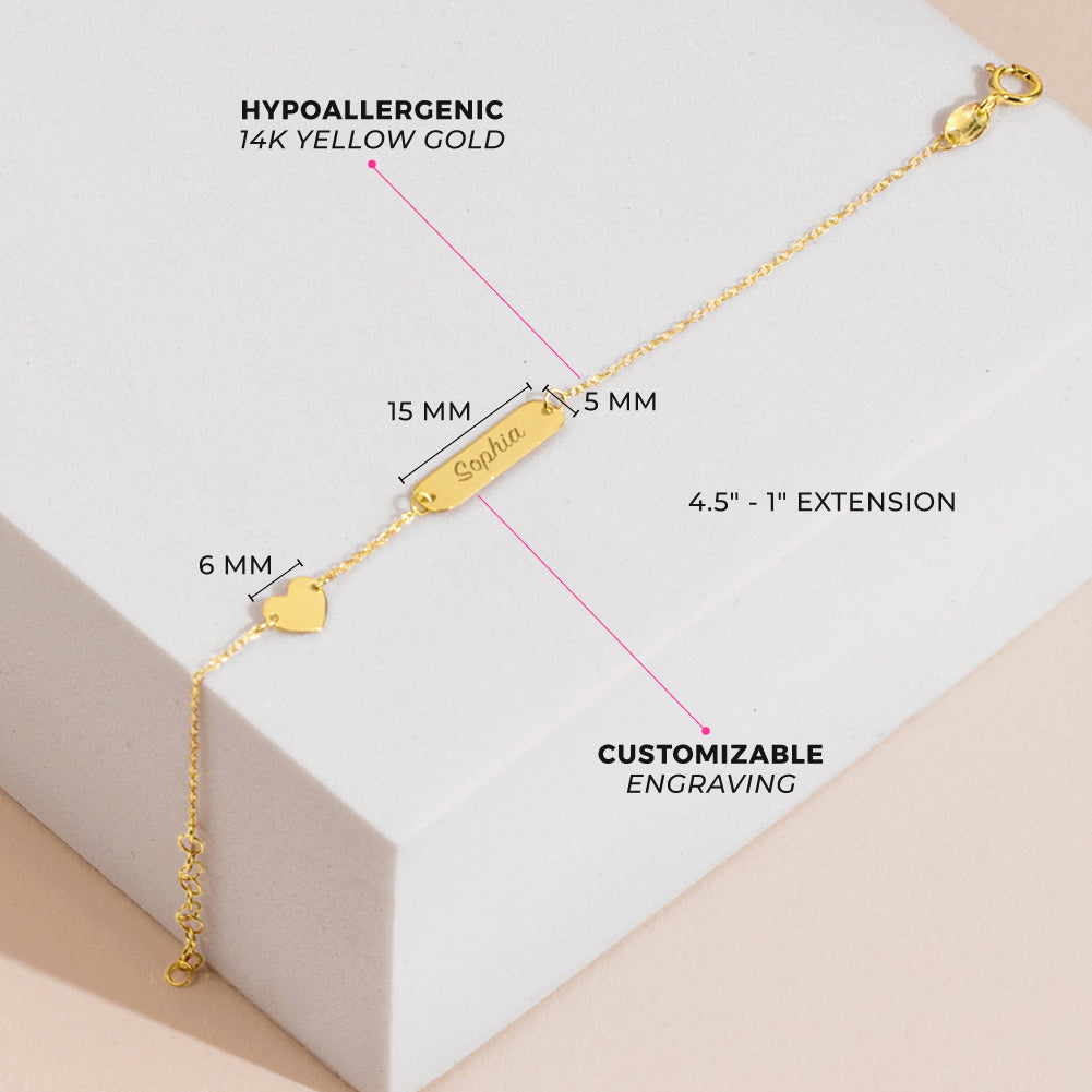 14k Gold 4.5"-5.5" Heart Charm Tag ID Baby / Toddler / Kids Bracelet