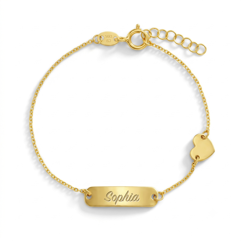 14k Gold 4.5"-5.5" Heart Charm Tag ID Baby / Toddler / Kids Bracelet