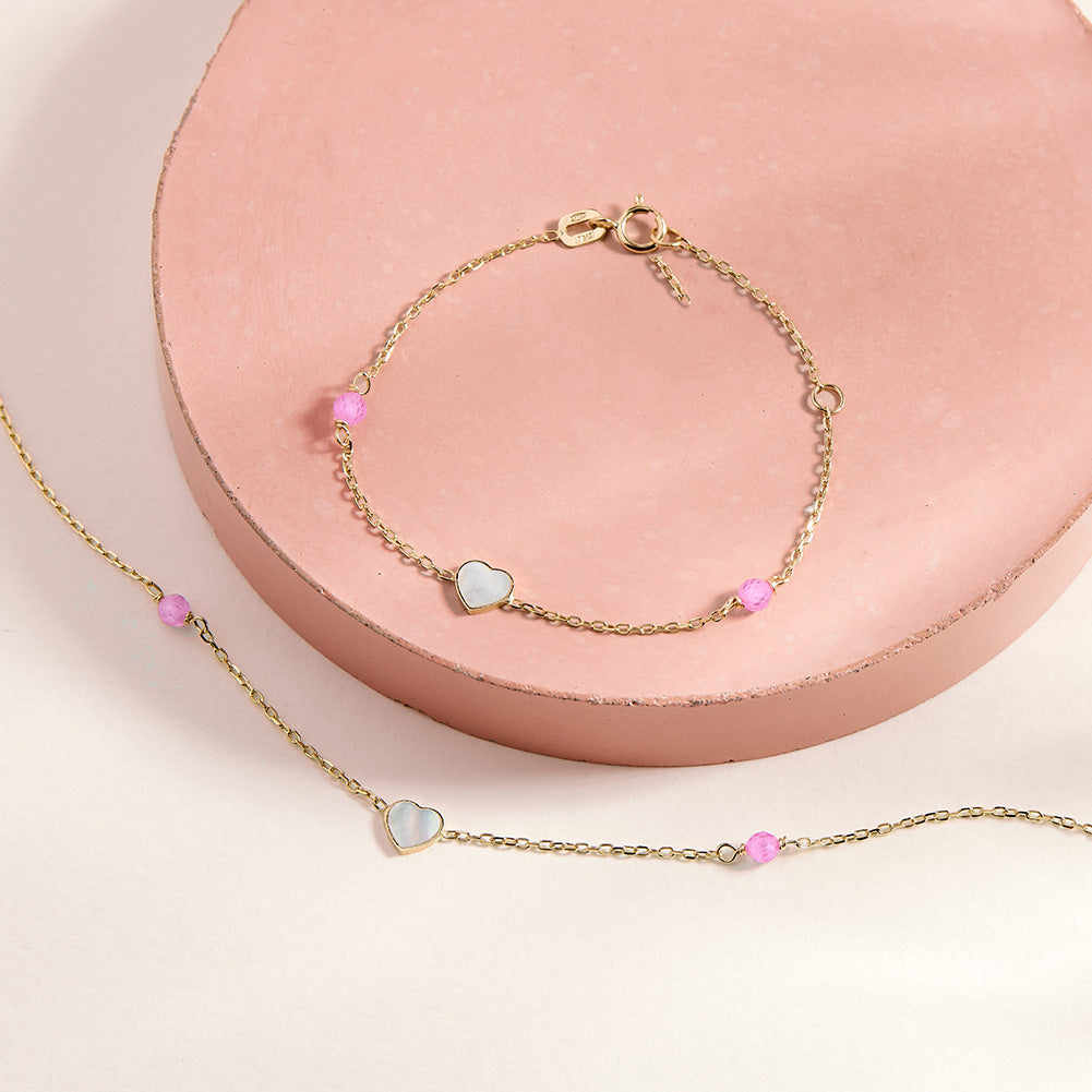 14k Gold 5.5" Mother of Pearl Hearts Baby / Toddler / Kids Bracelet