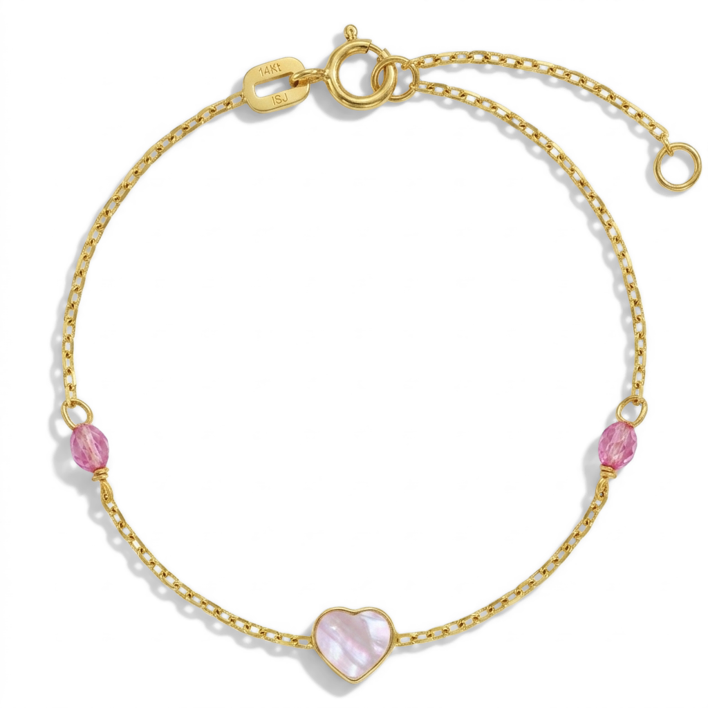 14k Gold 5.5" Mother of Pearl Hearts Baby / Toddler / Kids Bracelet