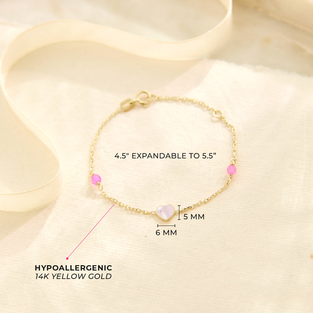 14k Gold 5.5" Mother of Pearl Hearts Baby / Toddler / Kids Bracelet
