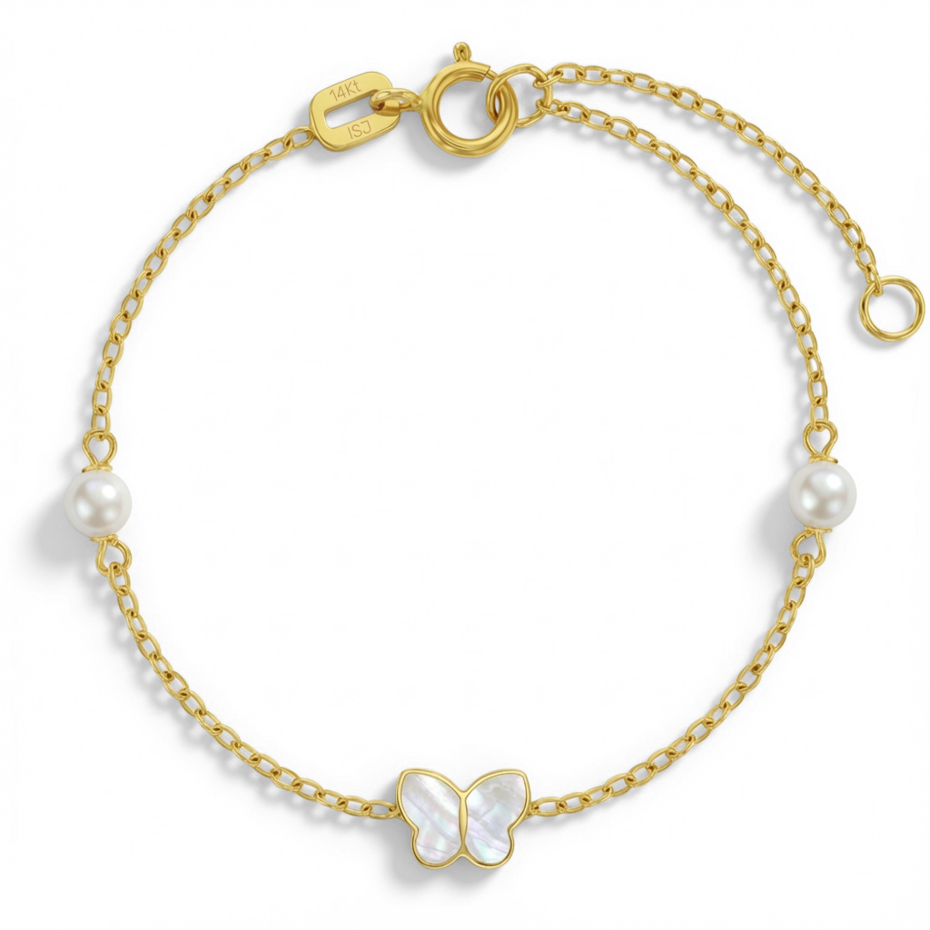 14k Gold 5.5" Mother of Pearl Butterfly Baby / Toddler / Kids Bracelet