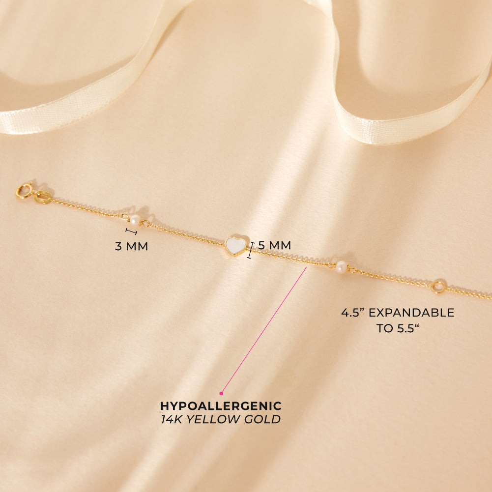 14k Gold 4.5-5.5" Mother of Pearl Heart With Pearls Baby / Toddler / Kids Bracelet
