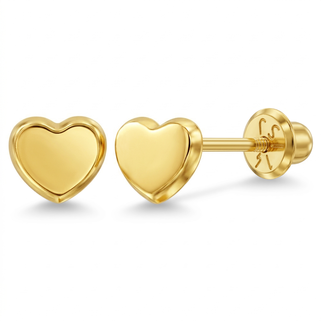 14k Gold Classic Polished Heart Baby / Toddler / Kids Earrings Safety Screw Back