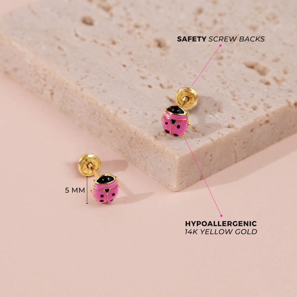 14k Gold Tiny Colorful Ladybug Baby / Toddler / Kids Earrings Safety Screw Back Enamel