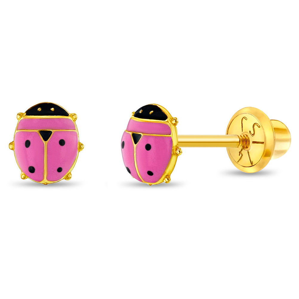 14k Gold Tiny Colorful Ladybug Baby / Toddler / Kids Earrings Safety Screw Back Enamel