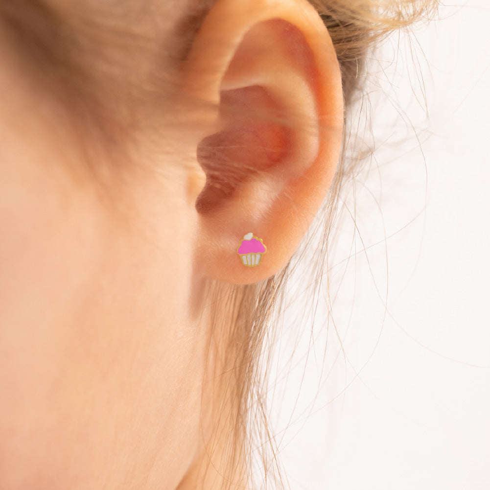 14k Gold Cupcake with Cherry Baby / Toddler / Kids Earrings Safety Screw Back Enamel