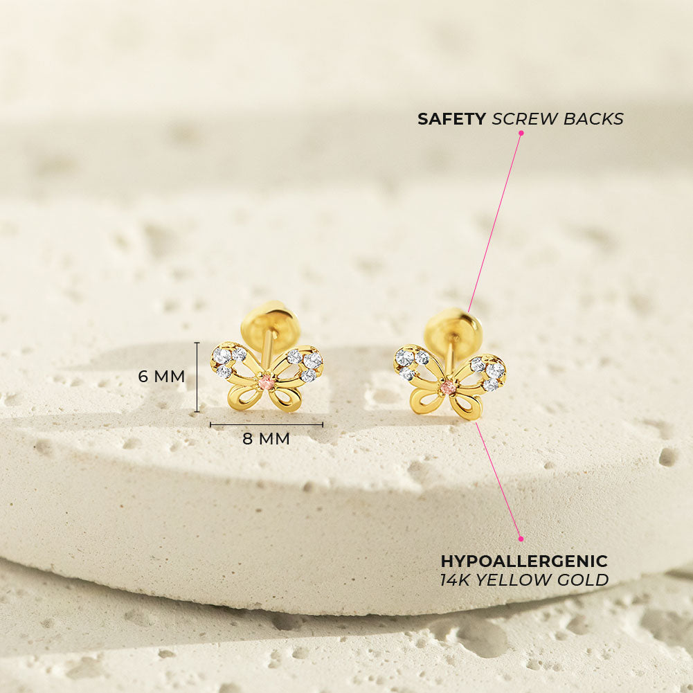 14k Gold Jeweled Butterfly Baby / Toddler / Kids Earrings Safety Screw Back