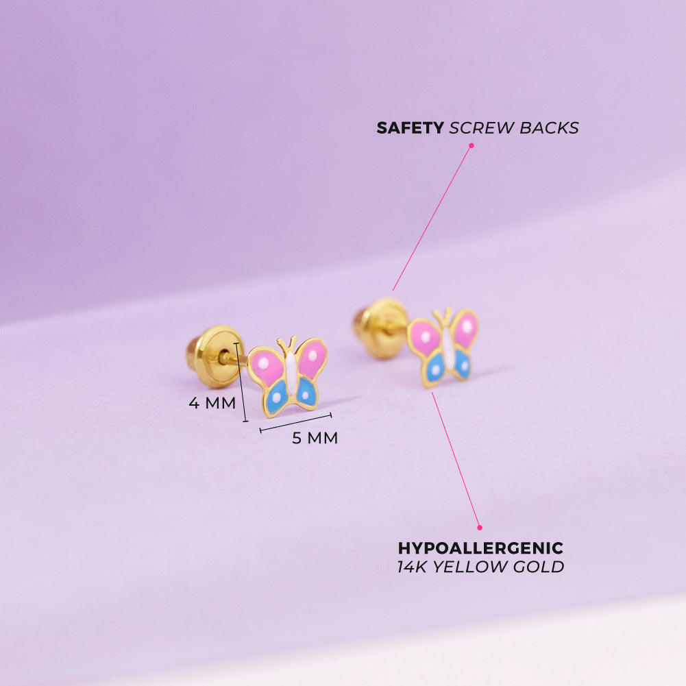 14k Gold Colorful Butterfly Baby / Toddler / Kids Earrings Safety Screw Back Enamel