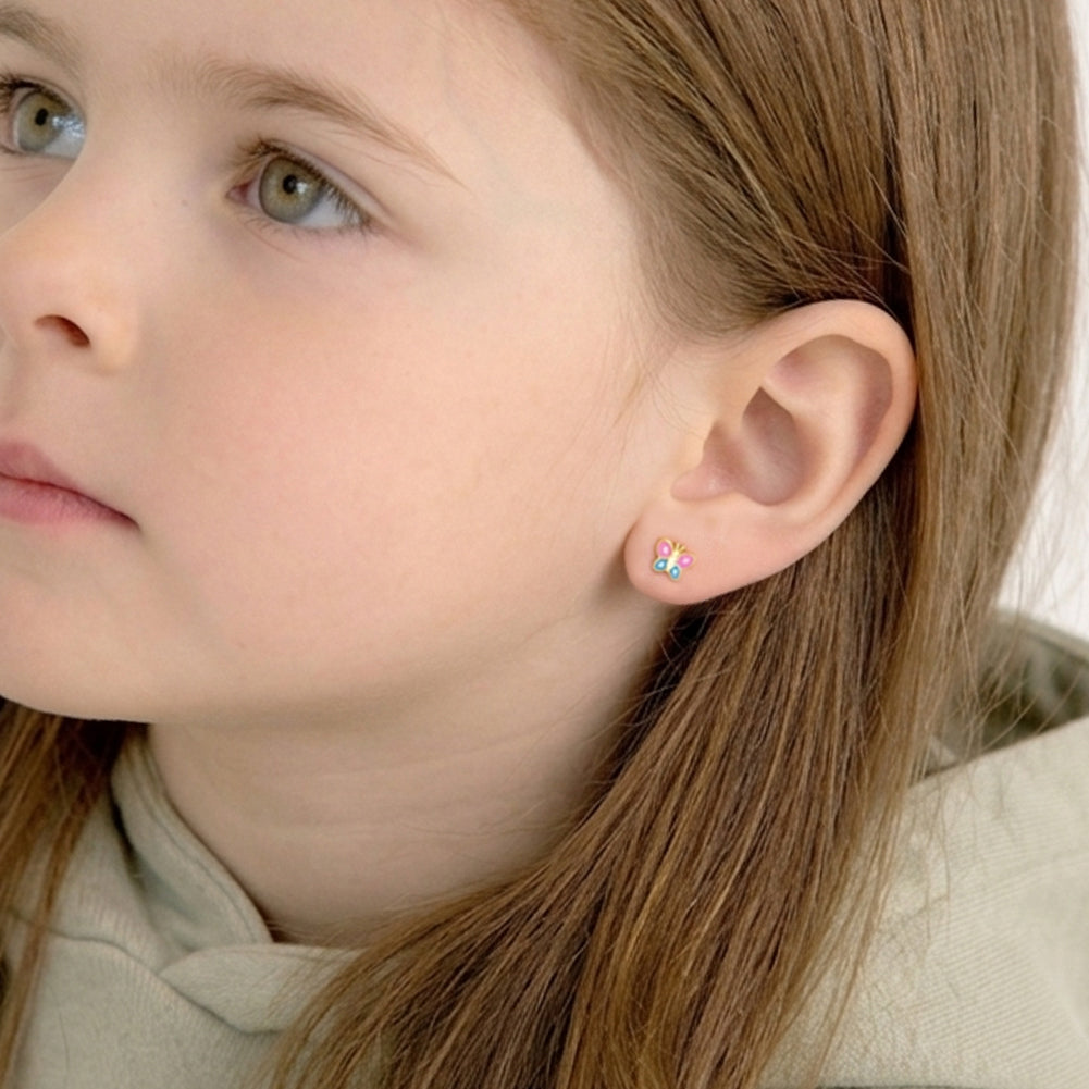 14k Gold Colorful Butterfly Baby / Toddler / Kids Earrings Safety Screw Back Enamel