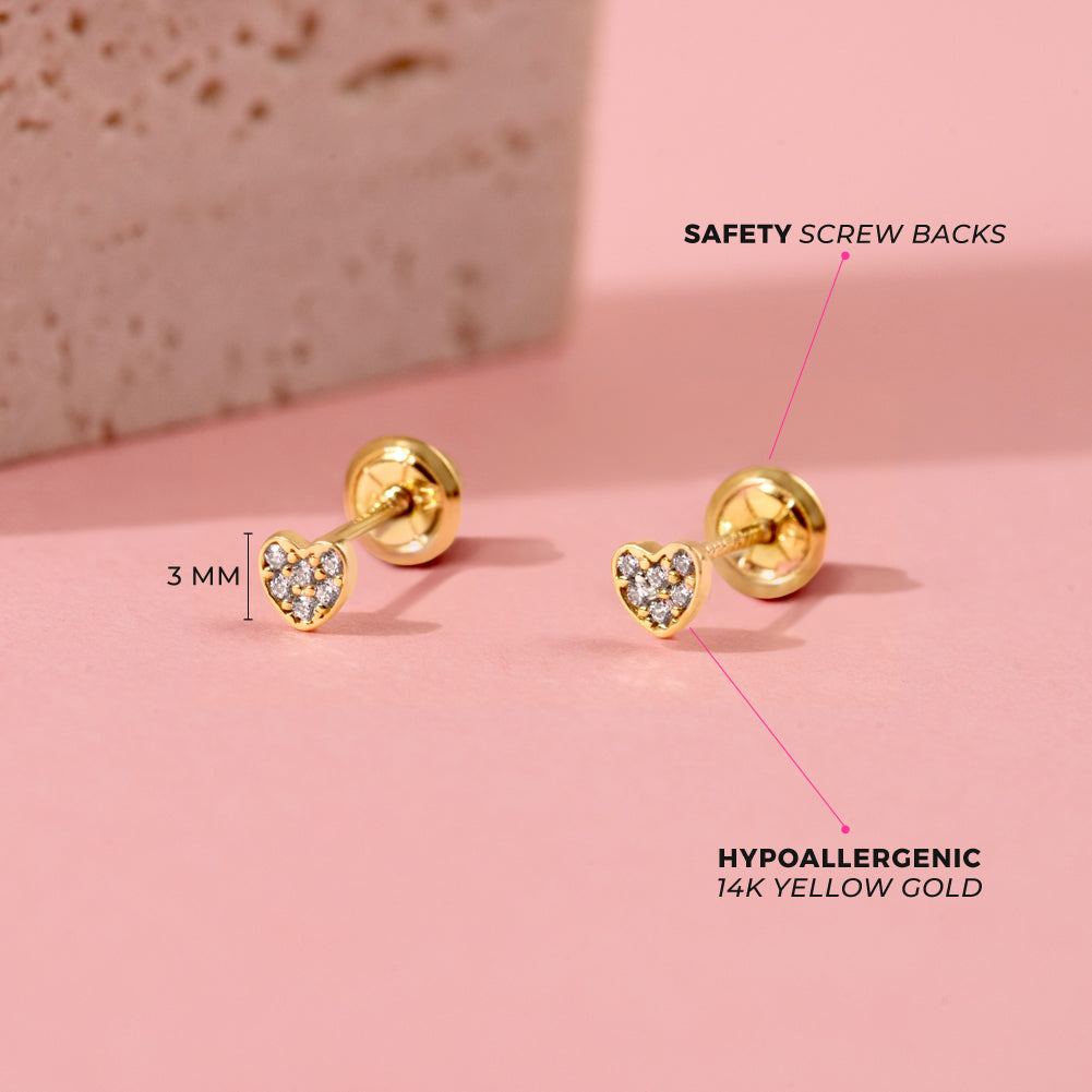 14k Gold Tiny Pave CZ Heart 3mm Baby / Toddler / Kids Earrings Safety Screw Back