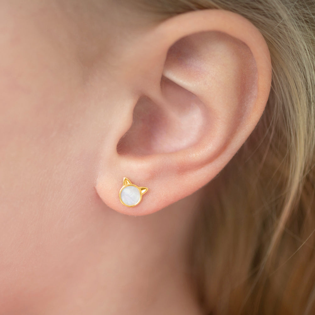 14k Gold Mother of Pearl Kitty Cat Kids / Children's / Girls Earrings Safety Screw Back