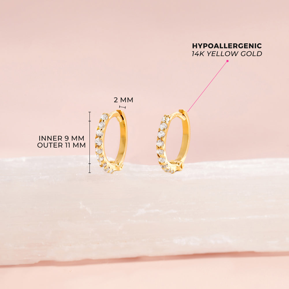 14k Gold Jeweled CZ Huggie 9mm Toddler / Kids / Girls Earrings