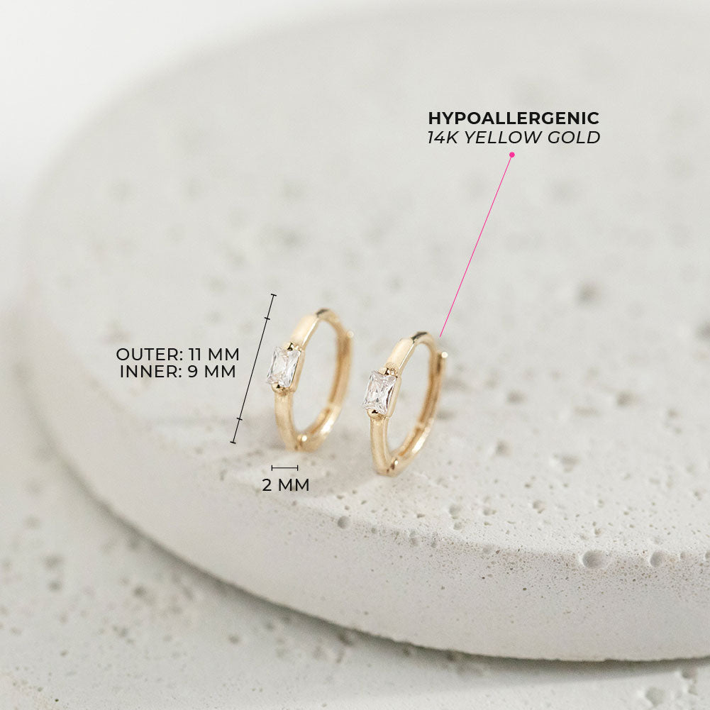 Baguette Cut CZ Huggie 9mm Toddler / Kids / Girls Earrings Hoop - 14k Gold