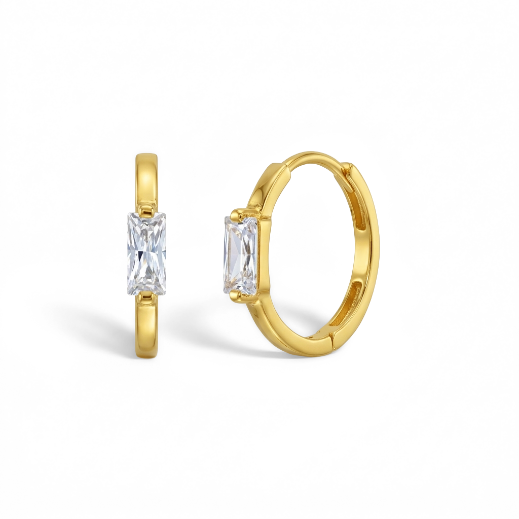 Baguette Cut CZ Huggie 9mm Toddler / Kids / Girls Earrings Hoop - 14k Gold