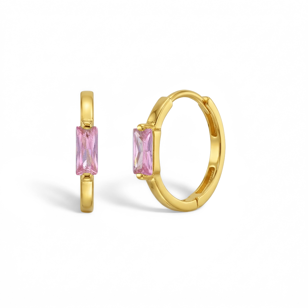 Baguette Cut CZ Huggie 9mm Toddler / Kids / Girls Earrings Hoop - 14k Gold