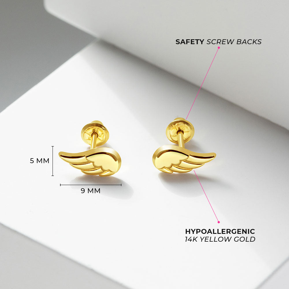 14k Gold Angel Wings Girls / Teen Earrings Safety Screw Back