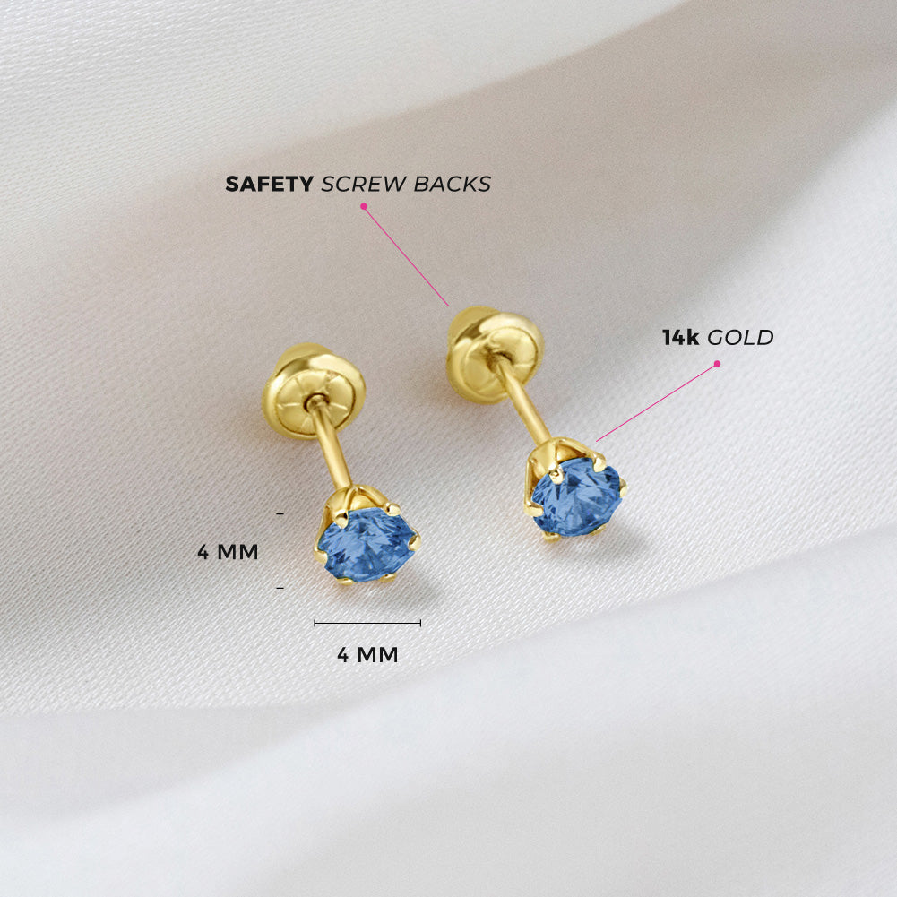 14k Gold Radiant Prong Set CZ 4mm Baby / Toddler / Kids Earrings Safety Screw Back