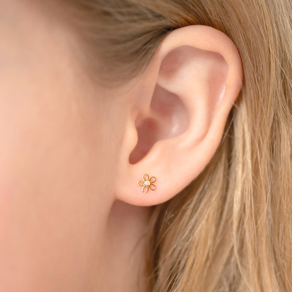 14k Gold CZ Flower Clear Toddler / Kids / Girls Earrings Safety Screw Back