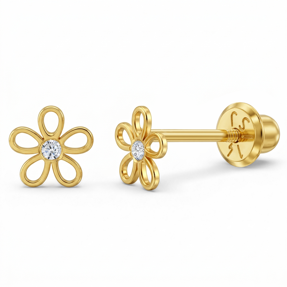 14k Gold CZ Flower Clear Toddler / Kids / Girls Earrings Safety Screw Back