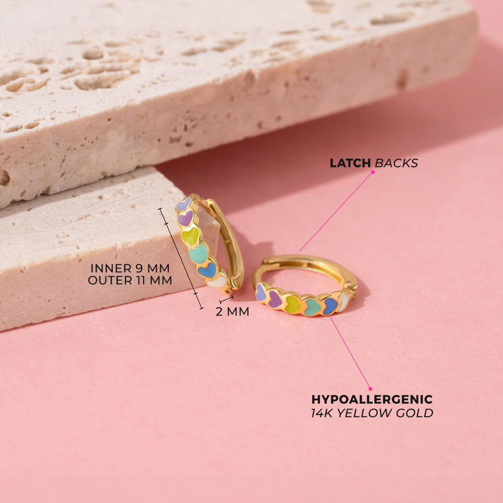 14k Gold Heart Cascade Kids / Children's / Girls Earrings Hoop Enamel