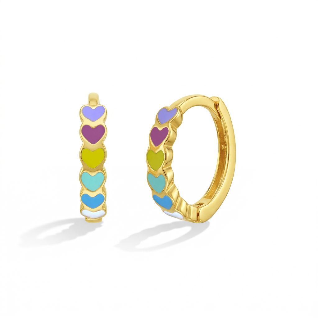 14k Gold Heart Cascade Kids / Children's / Girls Earrings Hoop Enamel