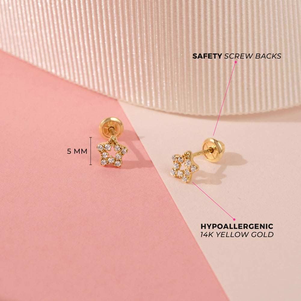 14k Gold CZ Encrusted Star Clear Baby / Toddler / Kids Earrings Safety Screw Back