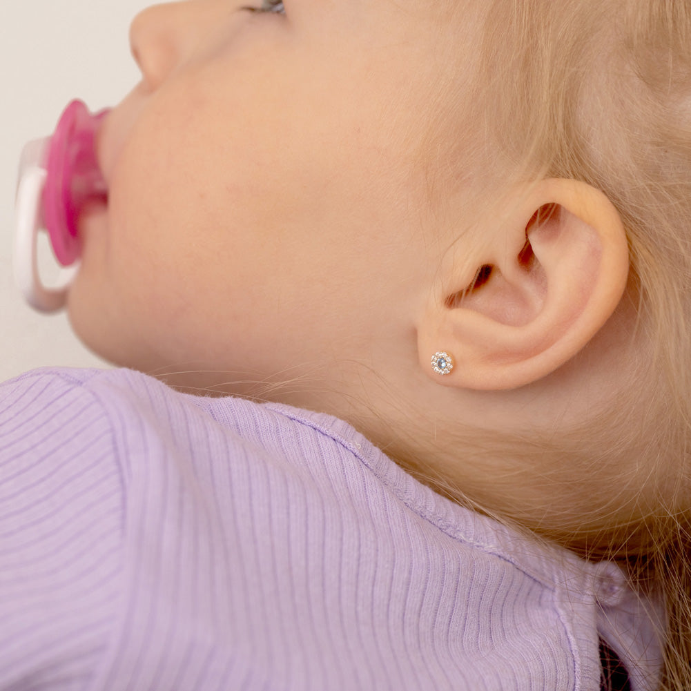 14k Gold CZ Burst Kids / Children's / Girls Earrings Safety Screw Back