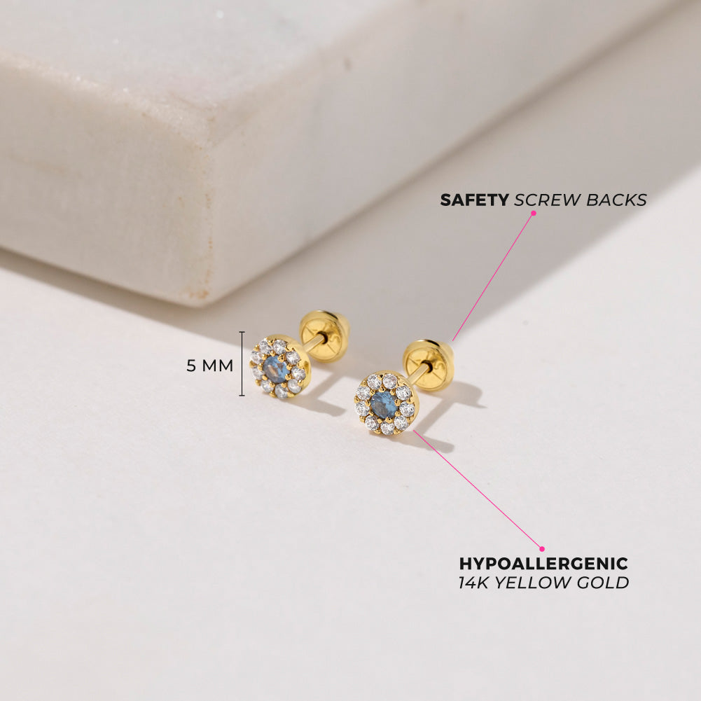 14k Gold CZ Burst Kids / Children's / Girls Earrings Safety Screw Back