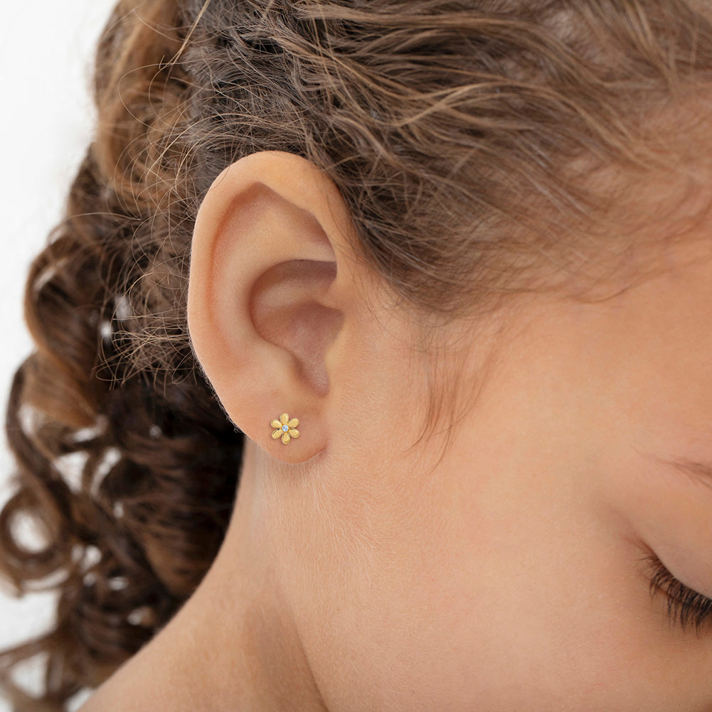 14k Gold Tiny Flower Clear CZ Baby / Toddler / Kids Earrings Safety Screw Back