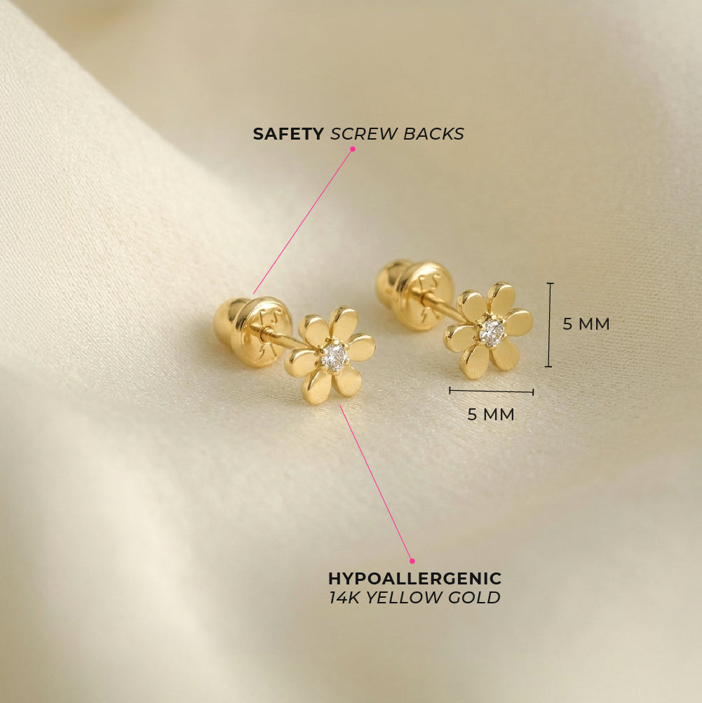 14k Gold Tiny Flower Clear CZ Baby / Toddler / Kids Earrings Safety Screw Back