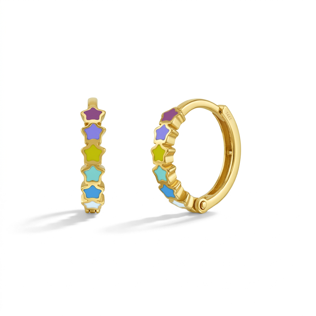 14k Gold Star Cascade Kids / Children's / Girls Earrings Huggie Hoops Enamel