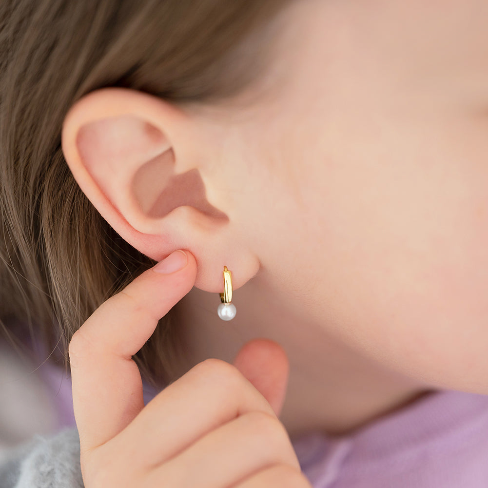 14k Gold Tiny Freshwater Cultured Pearl 7mm Baby / Toddler / Kids Earrings Hoop