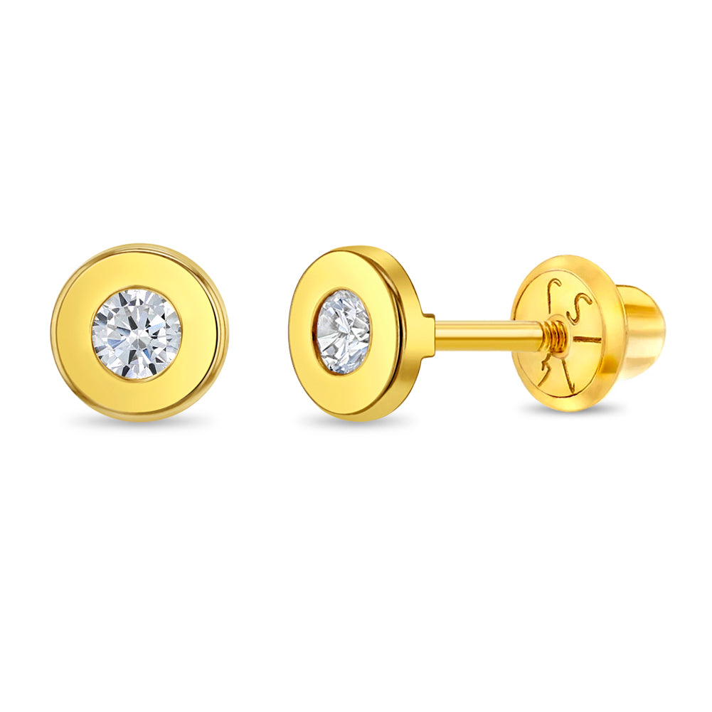 14k Gold Round Bezel Kids / Children's / Girls Earrings Safety Screw Back