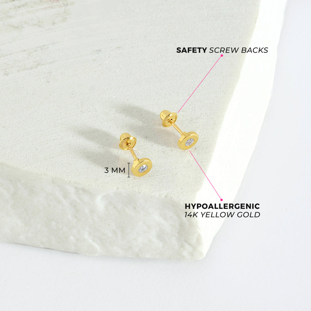 14k Gold Round Bezel Kids / Children's / Girls Earrings Safety Screw Back