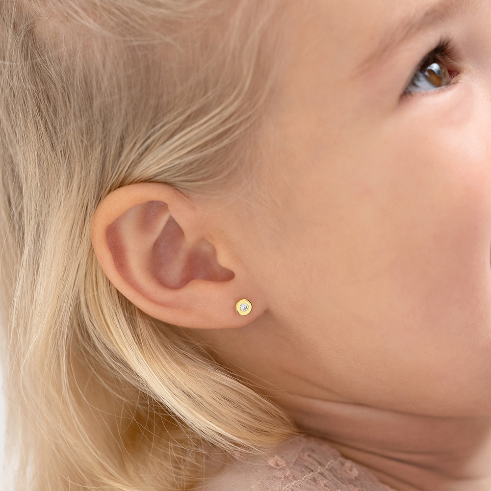 14k Gold Round Bezel Kids / Children's / Girls Earrings Safety Screw Back