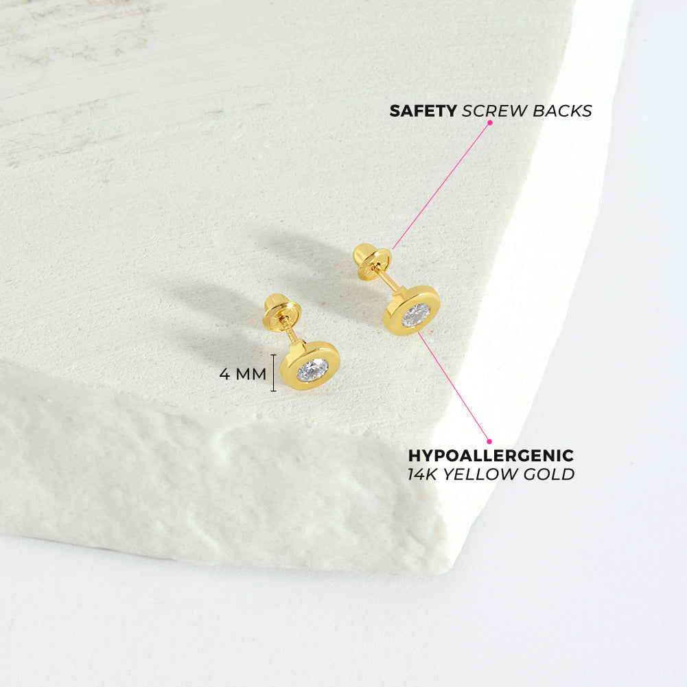 14k Gold Round Bezel Kids / Children's / Girls Earrings Safety Screw Back