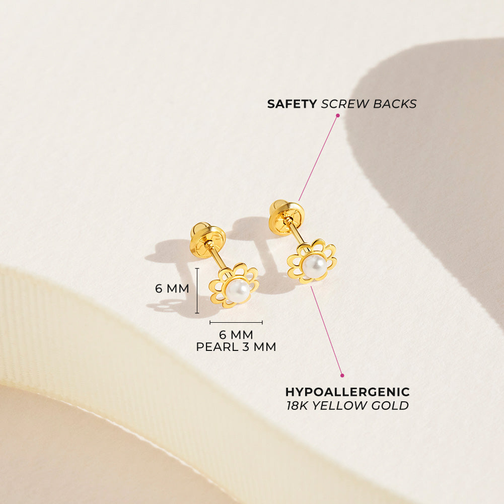 18k Gold Flower Freshwater Pearl Baby / Toddler / Kids Earrings Safety Screw Back