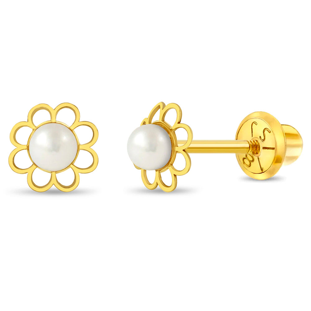 18k Gold Flower Freshwater Pearl Baby / Toddler / Kids Earrings Safety Screw Back