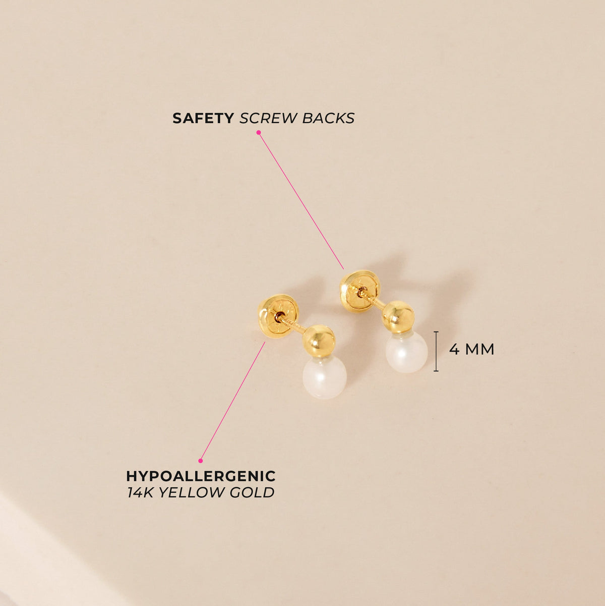 14k Gold Simulated Drop Baby / Toddler / Kids Earrings Safety Screw Back