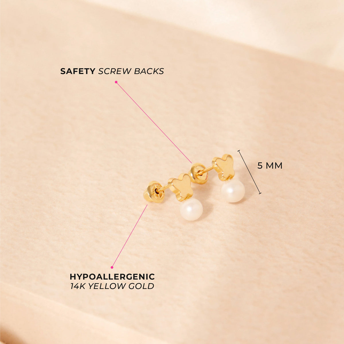 14k Gold Polished Drop Pearl Kids / Children's / Girls Earrings Safety Screw Back
