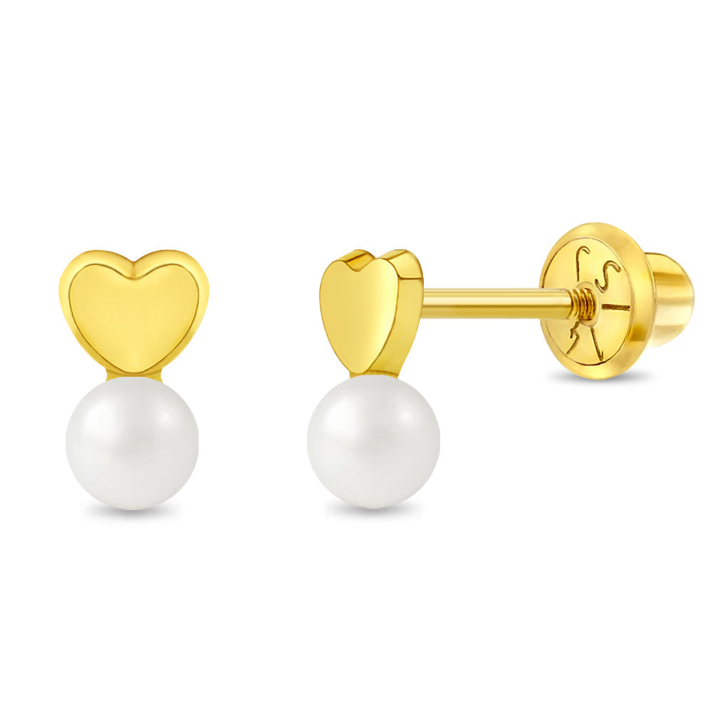 14k Gold Polished Drop Pearl Kids / Children's / Girls Earrings Safety Screw Back