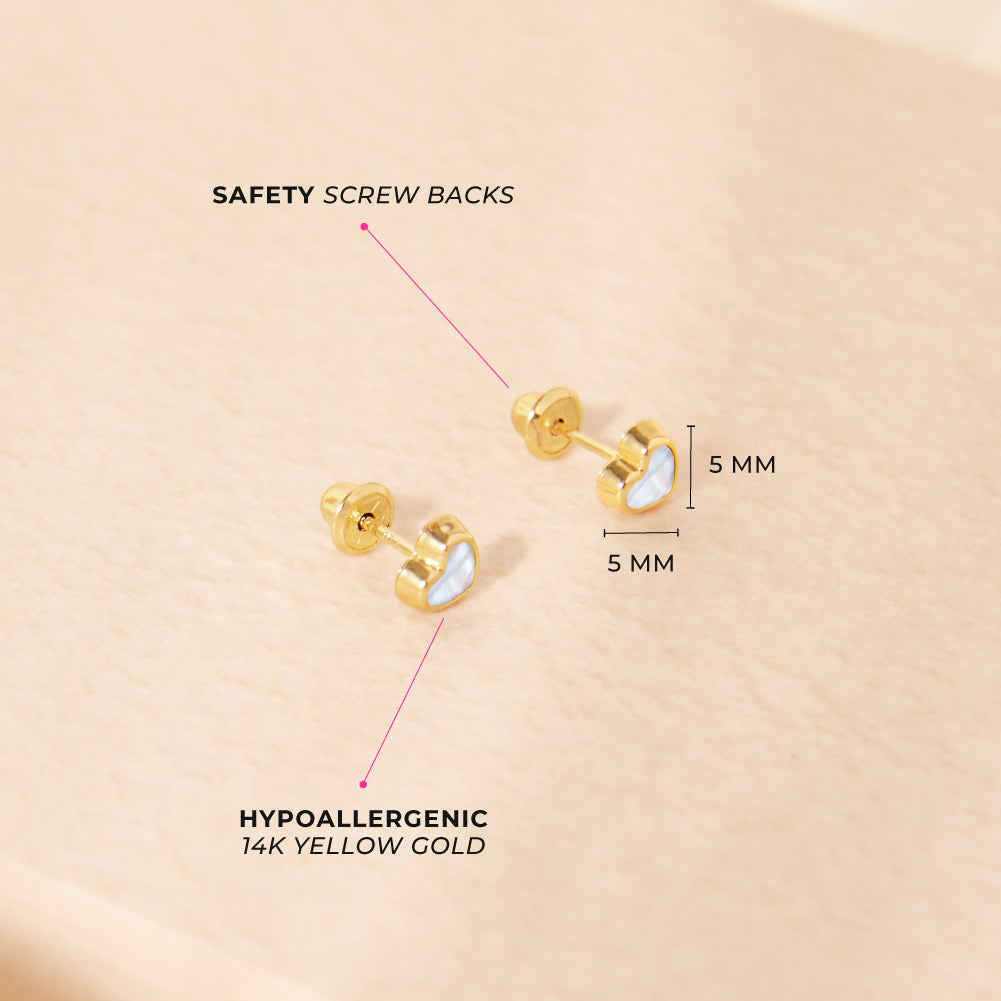 14k Gold Shaped Mother of Pearl Baby / Toddler / Kids Earrings Safety Screw Back