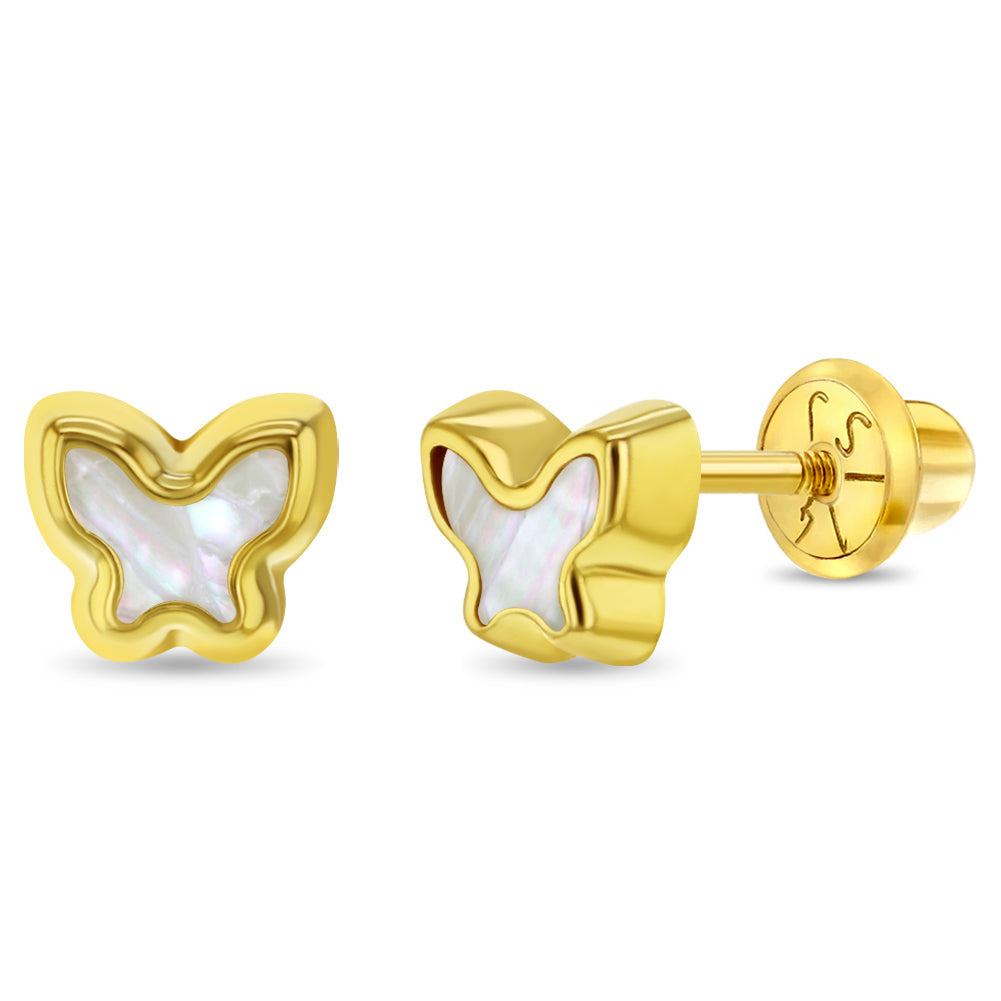 14k Gold Shaped Mother of Pearl Baby / Toddler / Kids Earrings Safety Screw Back